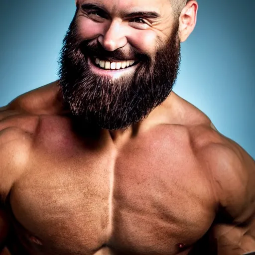 Prompt: Vivid color photography of a very muscular man smiling with a chiseled jawline and trimmed beard