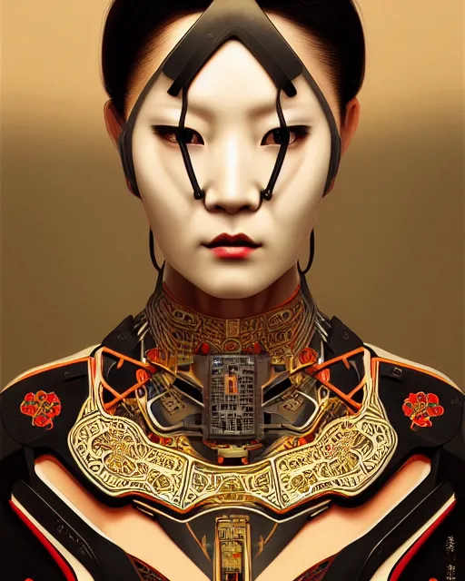 Image similar to portrait of a cyberpunk machine, machine face, upper half portrait, decorated with chinese opera motifs, asian, fine china, traditional chinese art, intricate, elegant, highly detailed, symmetry, headpiece, digital painting, artstation, concept art, smooth, sharp focus, illustration, art by artgerm and greg rutkowski and alphonse mucha, 8 k