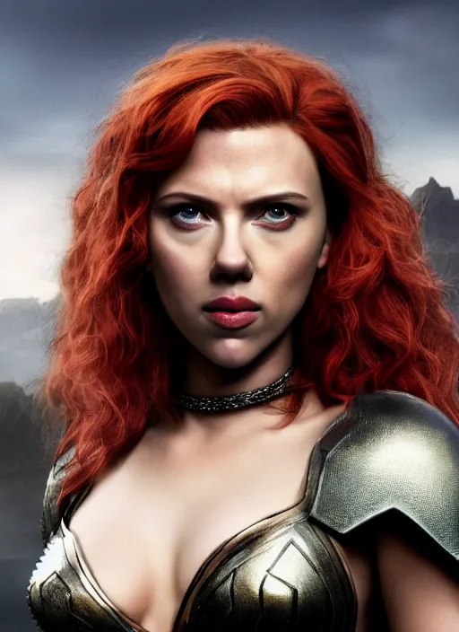 Image similar to scarlett johansson portraying a beautiful red sonja, beautiful scarlett johansson red sonja, movie, hyper realistic, hollywood promotional image, imax, 8 k