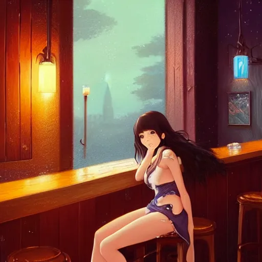 Image similar to a beautiful girl with long dark hair, sitting alone at a bar, night time, intricate, highly detailed, digital painting, artstation, official media, anime key visual, concept art, rich vivid colors, ambient lighting, sharp focus, illustration, art by Artgerm, Makoto Shinkai, Ilya Kuvshinov, Lois Van Baarle, and Rossdraws