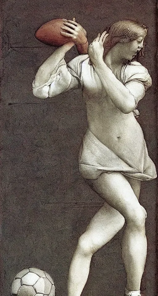 Image similar to Olivia Newton-John playing football by Leonardo da Vinci