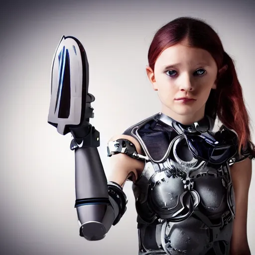 Image similar to cyborg girl wearing a cloak and a prosthetic arm