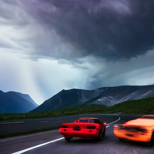 Image similar to zerglings rushing towards black pontiac firebird trans - am driving towards the camera, norway mountains, valley, large lake, dynamic, cinematic, motionblur, volumetric lighting, wide shot, low angle, red glow in sky, large lightning storm, thunder storm