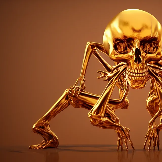 Image similar to golden skeleton melting away, 3d render, 4k, artstation