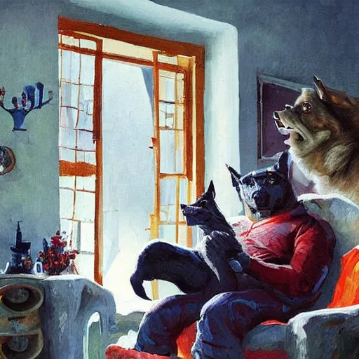 Prompt: a humanoid german shepherd beast - man, sitting and watching a soccer match in his house on television, he has hurt his knee and is a dad, by erin hanson, alexi zaitsev, karl spitzweg, award winning, tv set