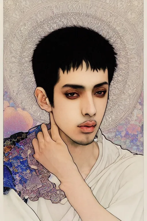 Image similar to beautiful medium shot manga portrait of mahmood inspired by ayami kojima with short hair dressed with a white t - shirt, white background white bank studio light, art by yoshitaka amano, alfons mucha, hiroaki samura, jiro matsumoto and yusuke murata, sharp focus, high quality, 8 k