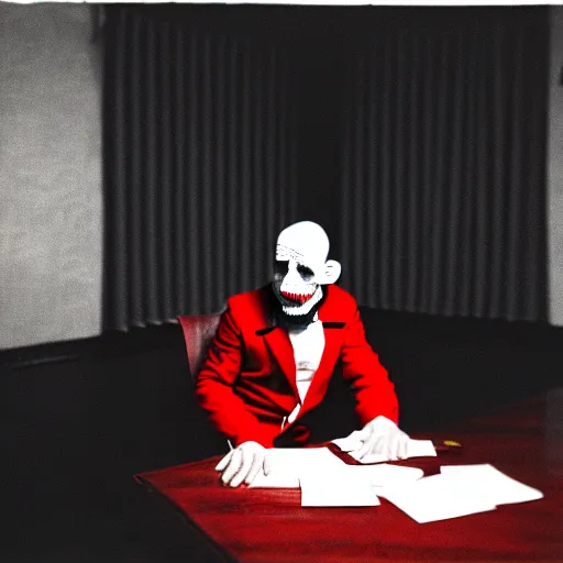 Image similar to a plotting man in a red jester suit sitting in a wooden chair near a table covered with cloth. the room is dimly lit.