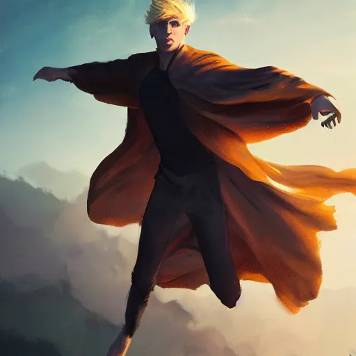 Prompt: blonde boy with golden eyes wearing a brown cape and flying in t pose, energy background, brush strokes, greg rutkowski