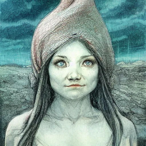 Image similar to female gnome progenitor, illustration by Alan Lee