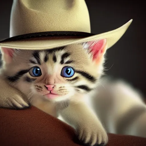 Prompt: realistic baby kitten with cowboy hat, photorealism, old west