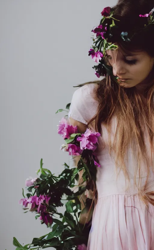 Image similar to portrait of a beautiful young girl with flowers in her hair, beautiful composition, modern color palette, 50mm f1.8, ambient light,