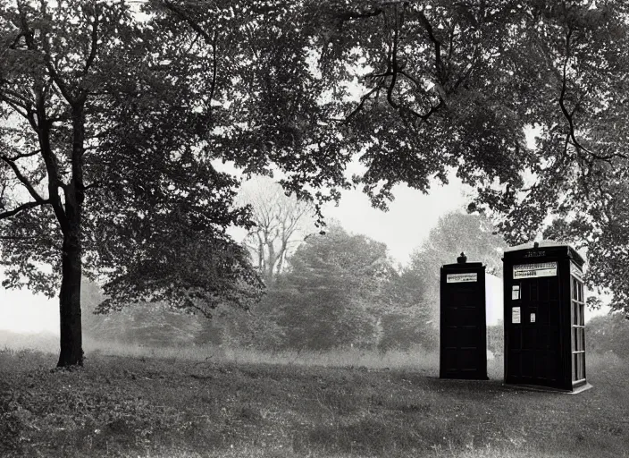 Image similar to photo of a metropolitan police box partially obscured by trees in rural london, police box, 1936, sepia