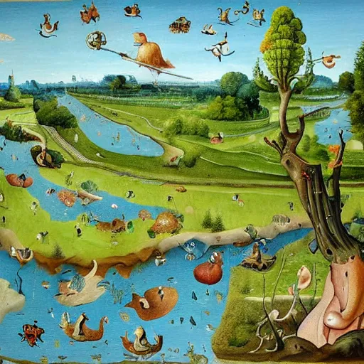 Prompt: An intricate, extremely detailed painting in a style of Hieronim Bosch featuring a river in Europe, surrounded by trees and fields. A duck is slowly moving through the water. Sun is shining.