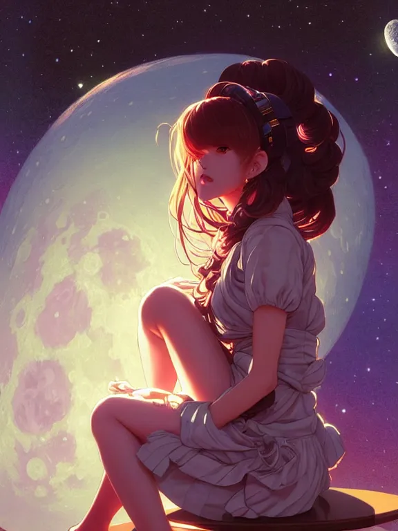 Image similar to full body picture of a space girl sitting in the moon cafe, bored, coveted, beautiful and aesthetic, intricate, unreal engine, messy hair, highly detailed, detailed face, smooth, sharp focus, chiaroscuro, manga illustration, artgerm, greg rutkowski, ilya kuvshinov, rossdraws, alphonse mucha, young adult light novel cover art