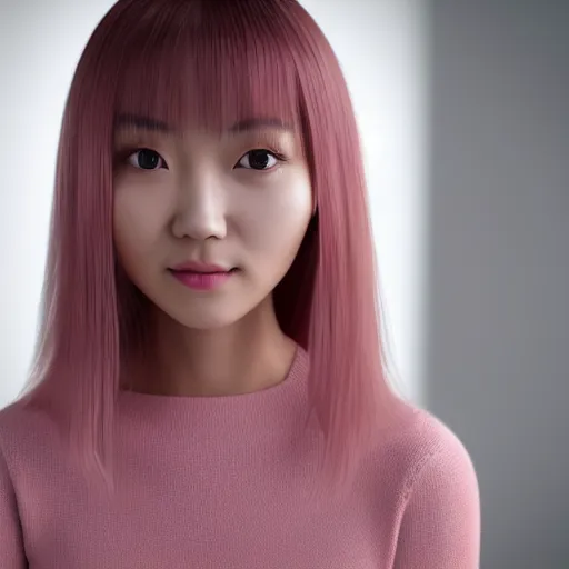 Prompt: 3 d render of a cute thin petite chinese young woman with light pink hair, long hair, with full bangs, small round face, small upturned nose, porcelain skin tone, red blush, wearing casual sweater, small smile, warm pink living room, medium shot, octane render, 8 k, hyperrealism, trending on artstation, unreal engine 5,