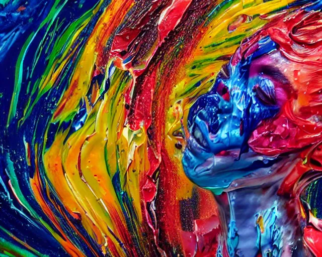 Image similar to still shot close up footage of the portrait of a female head exploding and disintegrating into acrylic pour and splashing paint and dripping paint, painful emotions, motion blur, hyperrealistic, medical, intricate art photography, anatomically correct, realistic crisp textures, 1 6 k