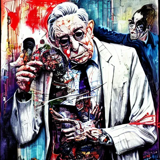 Image similar to George Soros full body shot, dollar bills Body horror, biopunk, by Ralph Steadman, Francis Bacon, Hunter S Thompson