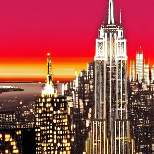 Image similar to photo of the empire state building made out of cheese at night, bright city lights