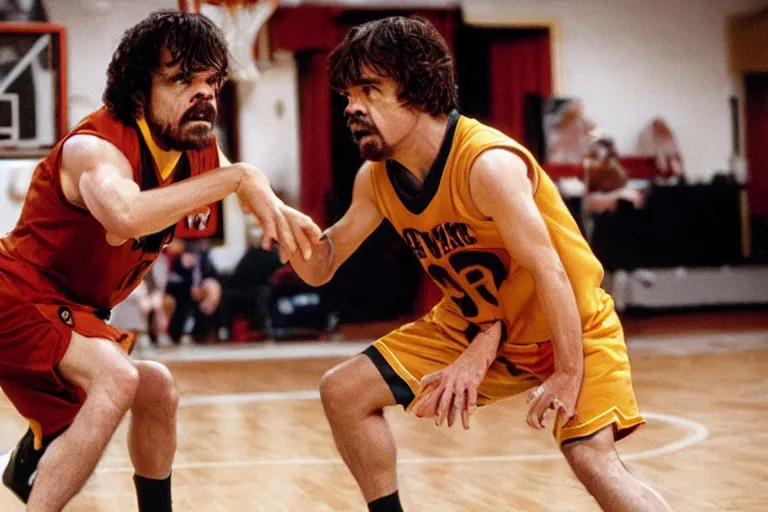 Image similar to peter dinklage playing basketball movie still, from the new slam dunk ernest movie, 8 k, realistic