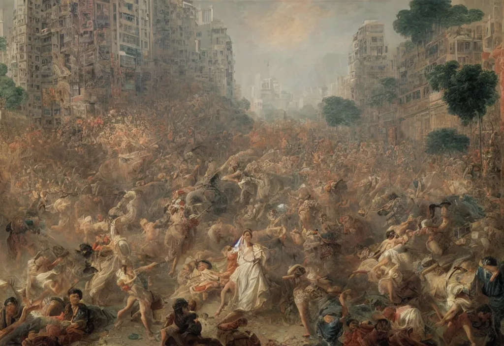 Image similar to 2 0 2 1 hong kong riot by jean honore fragonard. city buildings in the background.