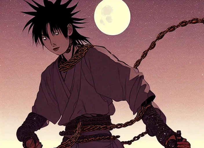 Prompt: samurai vagabond WITH A MOON BEHIND , HAS 4 HANDS ARMS AND IS WRAPPED IN CHAINS, manga,detailed, studio lighting, gradation,editorial illustration, matte print, Ilya Kuvshinov, concept art, digital