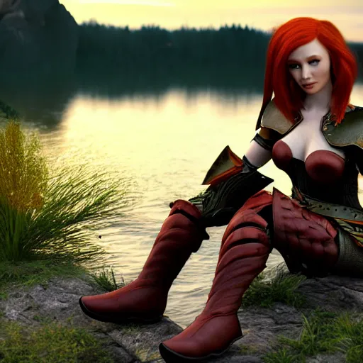 Image similar to beautiful female redhead elf warrior wearing leather armor, sitting next to a beautiful lake at sunset, enjoying the wind, looking at the water. 8 k ultra realistic, award winning, unreal engine 5, masterpiece, atmosphere glow, hyperrealistic, focused, extreme details, cinematic