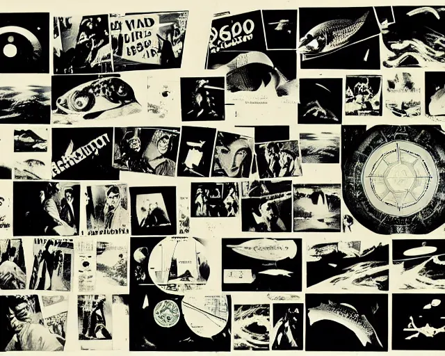 Prompt: VHS footage of a movie set, 1950, cut out collage, film noir, crunch time on Uranus, classic Kabuki, arctic fish, nautical maps grafitti, in style of robert doisneau, composition by Ed Wood, Jr., written by William S. Burroughs, lens flare