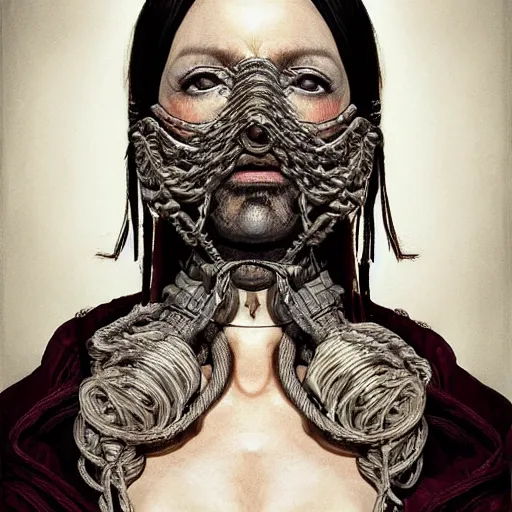 Image similar to portrait of a Shibari rope wrapped face and neck, headshot, insanely nice professional hair style, dramatic hair color, digital painting, of a old 15th century, old cyborg merchant, amber jewels, baroque, ornate clothing, scifi, realistic, hyperdetailed, chiaroscuro, concept art, art by Franz Hals and Jon Foster and Ayami Kojima and Amano and Karol Bak,