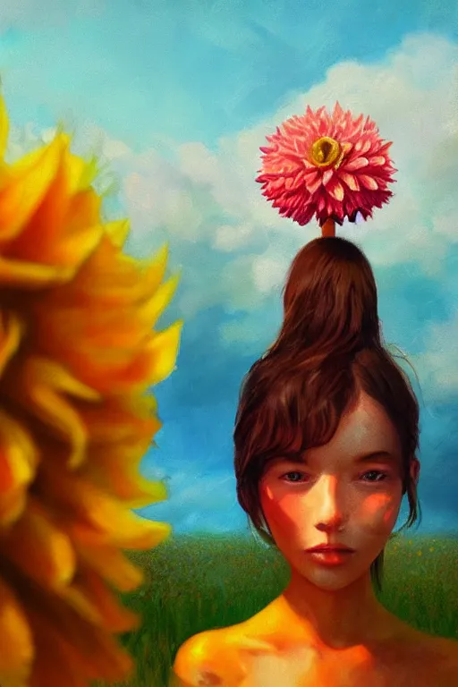 Image similar to closeup girl with huge dahlia flower head, portrait on beach, surreal photography, blue sky, sunrise, dramatic light, impressionist painting, digital painting, artstation, simon stalenhag