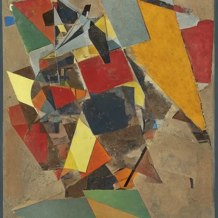 Prompt: an artwork by kurt schwitters, mix of geometric and organic shapes, both bright and earth colors, mixed media