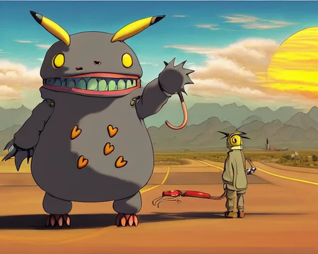 Image similar to a cell shaded cartoon giant grey lovecraftian mechanized pikachu from howl's moving castle ( 2 0 0 4 ), with a big head, on a desert road, wide shot, sunset, golden hour, muted colors, post grunge, josan gonzales, wlop, by james jean, victor ngai, hq, deviantart, art by artgem