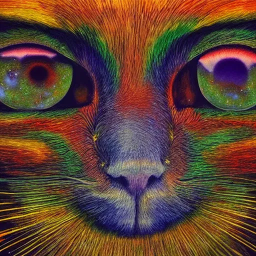 Image similar to psychedelic amber eyes cat eyes lush pine forest, outer space, milky way, designed by arnold bocklin, jules bastien - lepage, tarsila do amaral, wayne barlowe and gustave baumann, cheval michael, trending on artstation, star, sharp focus, colorful refracted sparkles and lines, soft light, 8 k 4 k