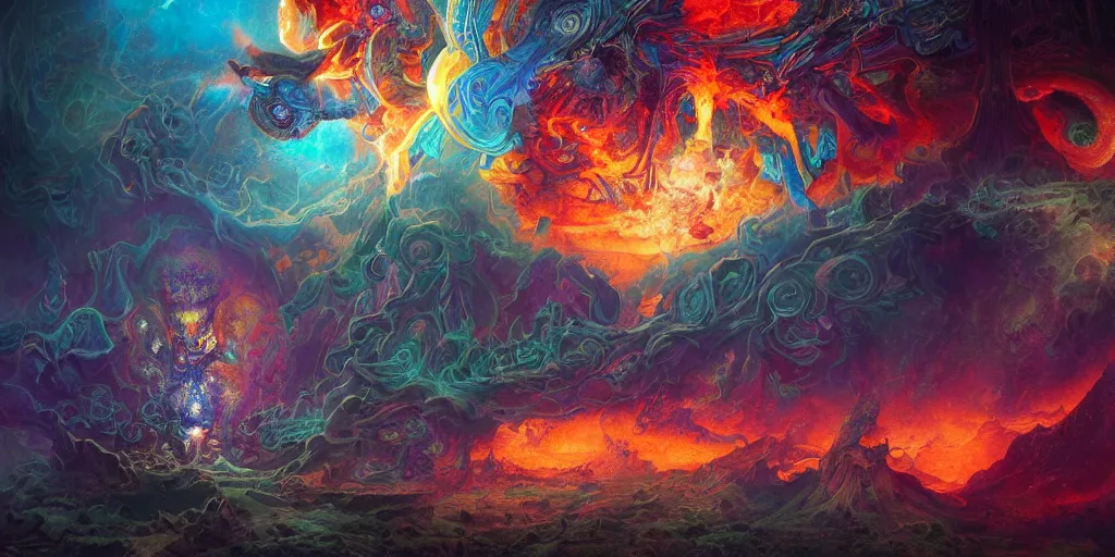 Image similar to gigantic psychedelic demonic cosmic skull of death and fire, outer space, fantasy painting, ultra realistic, dmt, symmetrical, wide angle, intricate details, digital painting, rainbowshift, vivid colors, highly detailed by peter mohrbacher, h. r. giger, maxfield parrish, craig mullins, octane render, cgi