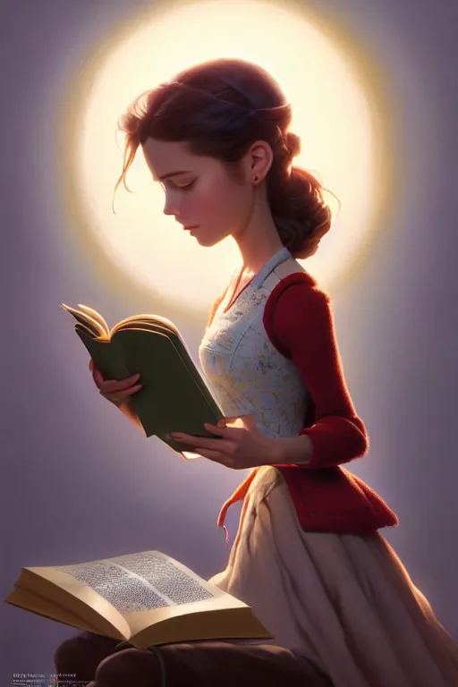 Image similar to highly detailed portrait of beautiful girl reading a book in toy story 3, detailed hands, dynamic pose, stephen bliss, unreal engine, fantasy art by greg rutkowski, loish, rhads, ferdinand knab, makoto shinkai and lois van baarle, ilya kuvshinov, rossdraws, tom bagshaw, global illumination, radiant light, detailed and intricate environment