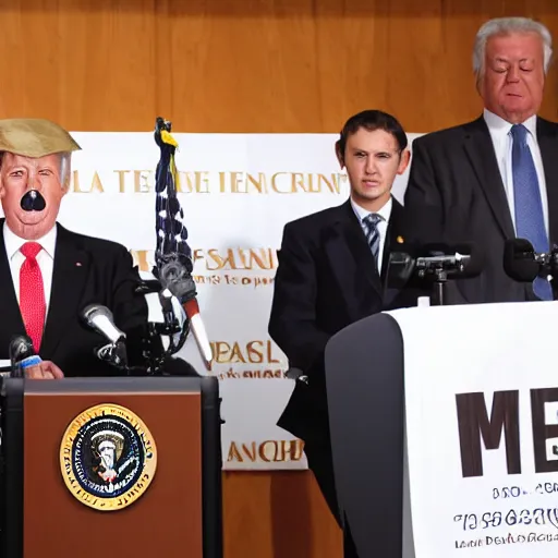 Prompt: string marionette president in a podium giving a press conference