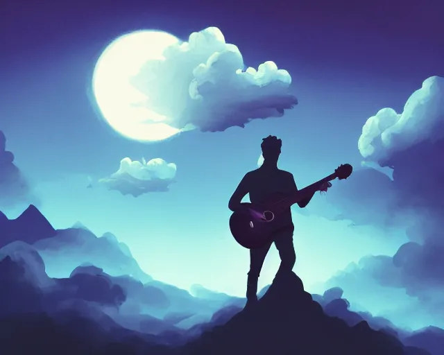 Image similar to A slightly silhouetted figure of a man with a guitar, clouds that look like mountains high in the sky, the clouds are a deep blue purple color with the sun blazing behind the clouds, deep focus, D&D, fantasy, intricate, elegant, highly detailed, digital painting, artstation, concept art, matte, sharp focus, illustration, hearthstone, art by Andreas Rocha and Esao Andrews