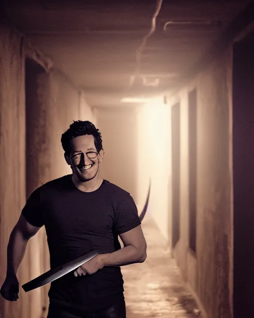 Image similar to markiplier holding a knife smiling in a dark hallway in a never ending warehouse | | epic - fine - clean, polished, trending on artstation, brush strokes