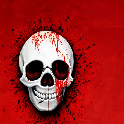 Image similar to skull in a pool of blood with blood splatter on the skull