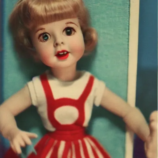 Image similar to 1 9 5 0 s, children toys on strings, fear, doll phobia, horror, jump scare, pov, polaroid,