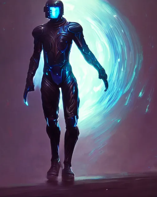 Prompt: character art of iridescent sinewy smooth muscular male sleek glossy bluish black pearlescent scifi armor with smooth black featureless helmet, by greg rutkowski, mark brookes, jim burns, tom bagshaw, magali villeneuve, trending on artstation