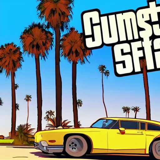Prompt: Lebron James in GTA V . Los Santos in background, palm trees. in the art style of Stephen Bliss