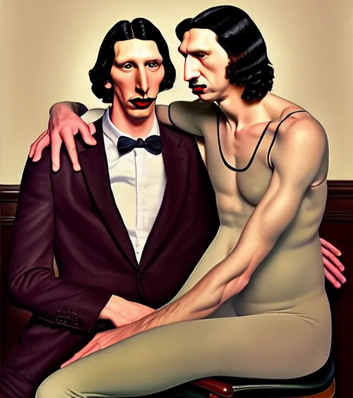 Prompt: a portrait of your creepy uncle adam driver by jon whitcomb and gil elvgren and albrecht anker and sydney prior hall, hyperrealism