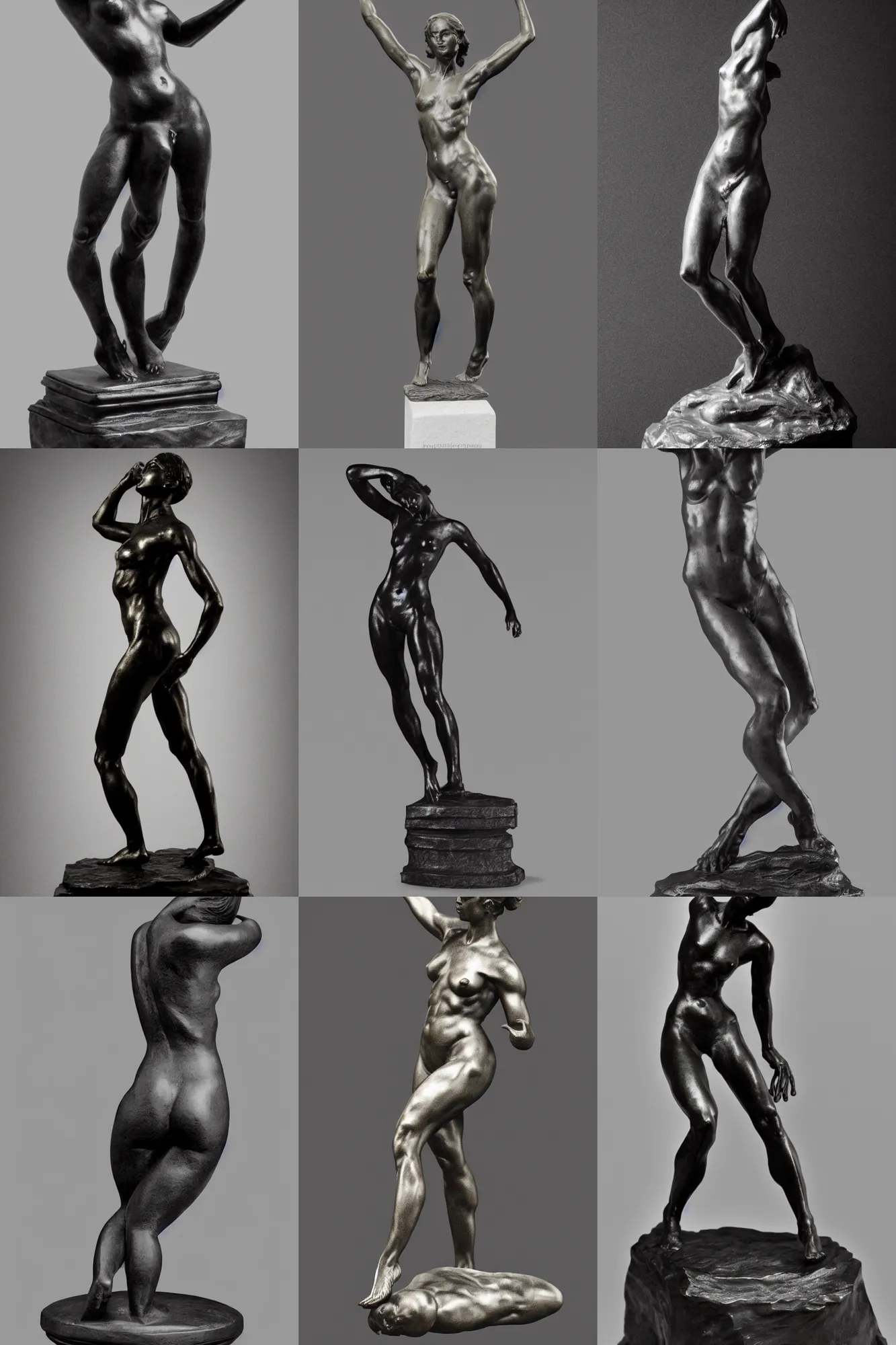 Prompt: black and white photo rodin female bronze figure . Full body shot; hyper realism dramatic lighting, high detail 4K