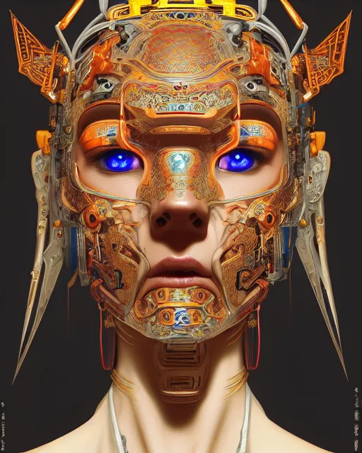 Image similar to portrait of a cyberpunk machine, machine face, upper half portrait, decorated with chinese opera motifs, asian, fine china, traditional chinese art, intricate, elegant, highly detailed, symmetry, headpiece, digital painting, artstation, concept art, smooth, sharp focus, illustration, art by artgerm and greg rutkowski and alphonse mucha, 8 k