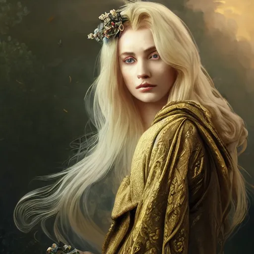 Image similar to portrait painting of a beautiful blonde lady with a kind face wearing a feathered cloak and noble garments, ultra realistic, concept art, intricate details, eerie, highly detailed, photorealistic, octane render, 8 k, unreal engine. art by artgerm and greg rutkowski and charlie bowater and magali villeneuve and alphonse mucha
