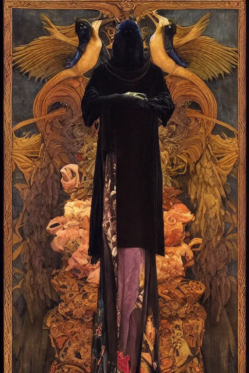 Image similar to an anthropomorphic raven dressed as a renaissance lord , by Annie Swynnerton and Nicholas Roerich and John Bauer and jean delville and John William Godward and Donato Giancola and Vermeer, satin brocade and embroidered velvet, iridescent beetles, rich color, dramatic cinematic lighting, featured on Artstation, extremely detailed