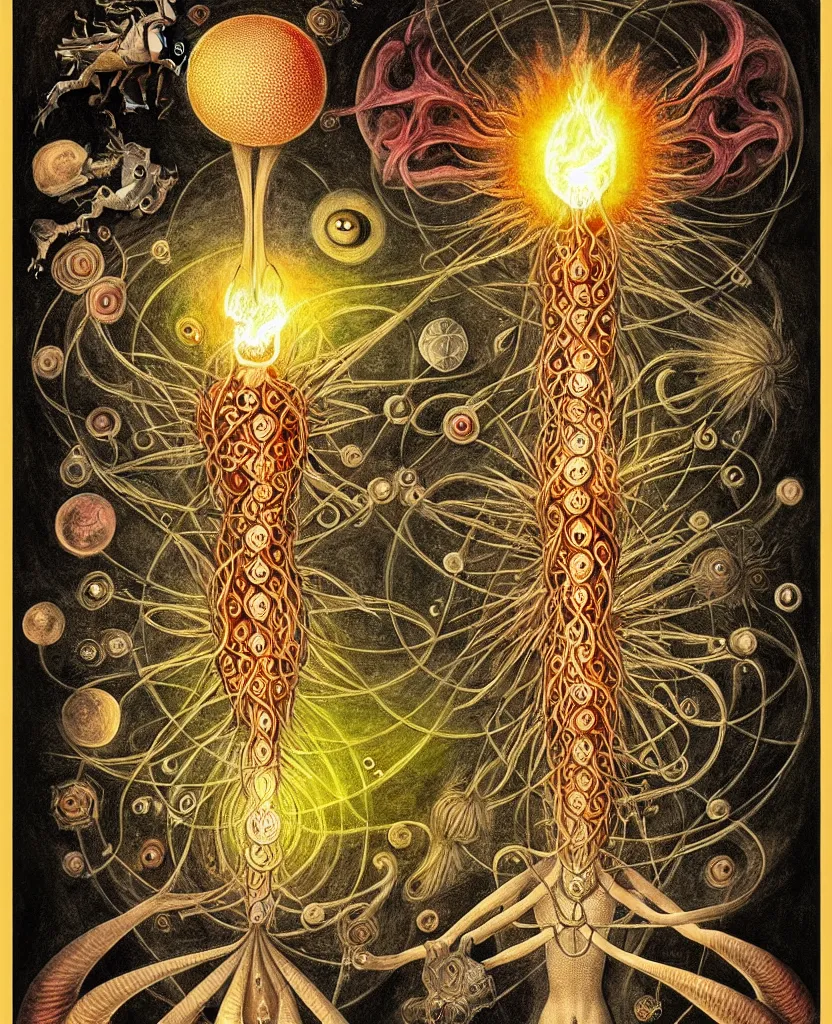 Image similar to whimsical freaky creature sings a unique canto about'as above so below'being ignited by the spirit of haeckel and robert fludd, breakthrough is iminent, glory be to the magic within, painted by ronny khalil