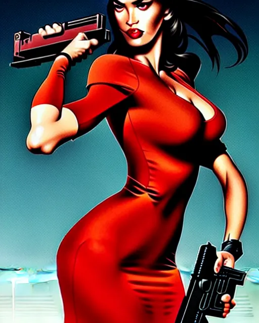 Image similar to artgerm, joshua middleton comic cover art, full body pretty megan fox holding a shotgun, red dress, symmetrical eyes, symmetrical face, long curly black hair, dark city background, cinematic lighting