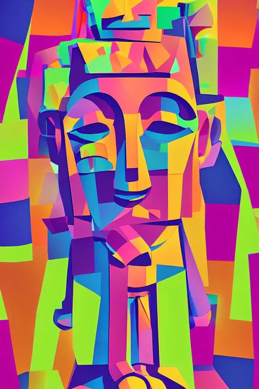 Image similar to cubist moai statue cutout digital illustration cartoon colorful beeple