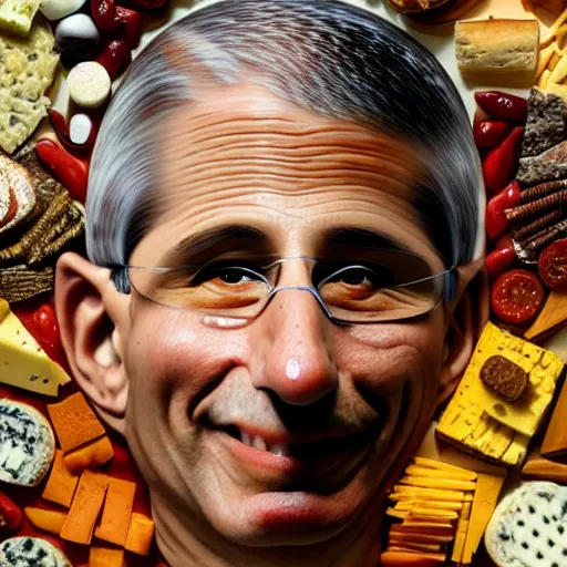 Prompt: uhd photorealistic anthony fauci made of various cheeses.